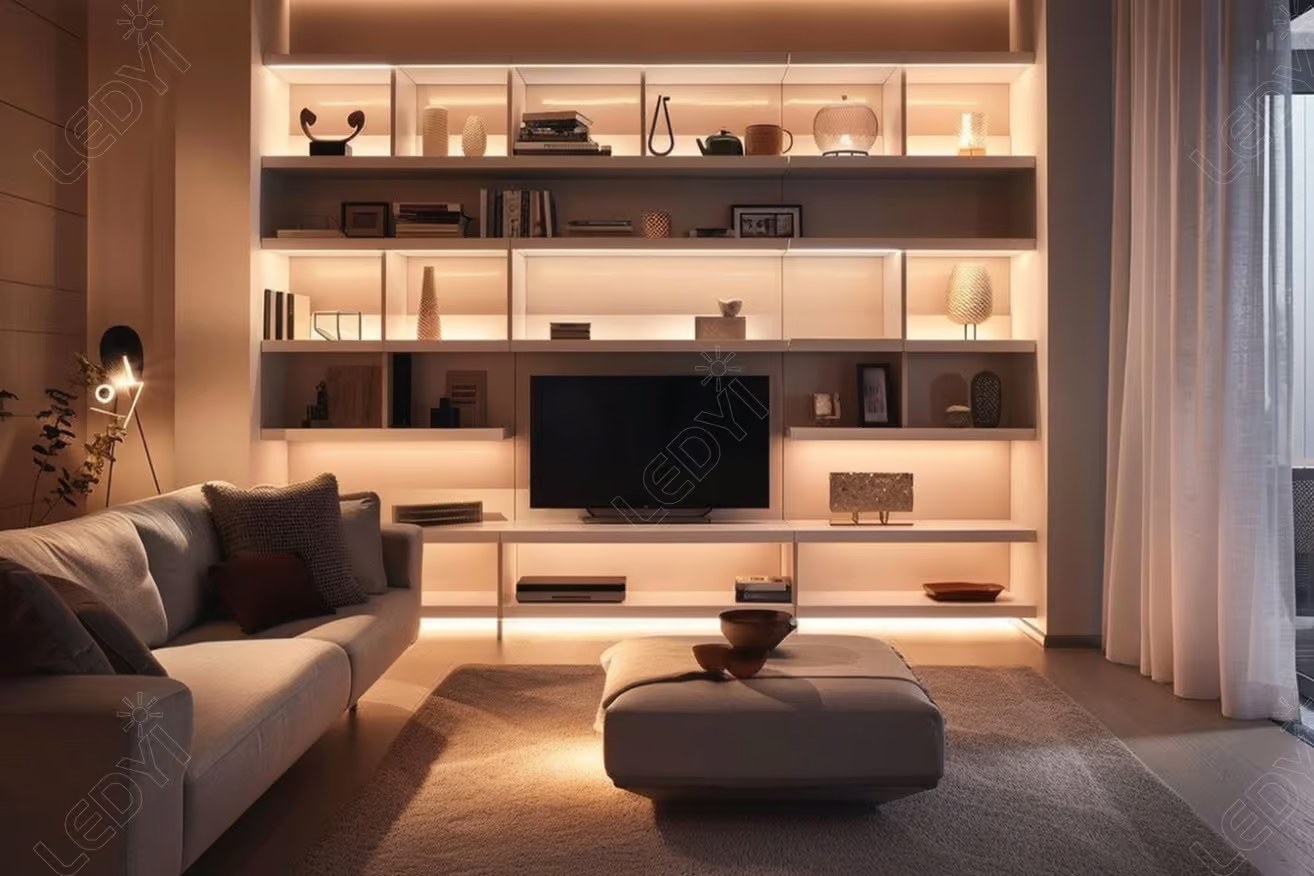Modern living room with LED-lit shelves and cozy decor