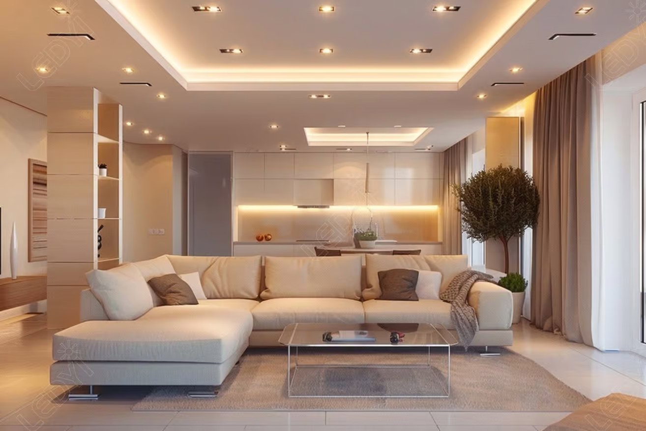 Modern living room with cozy sectional sofa and LED lighting.