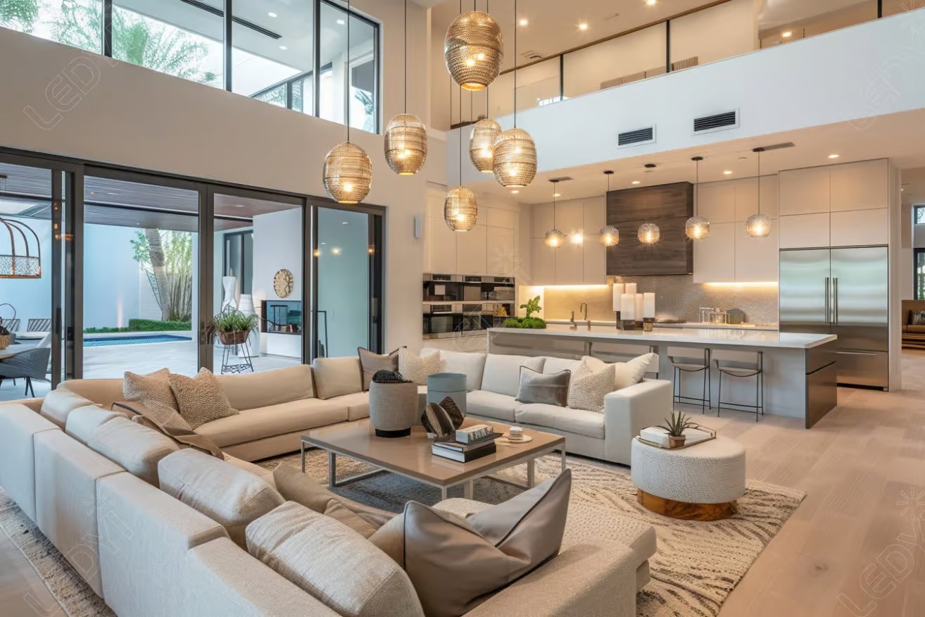 Modern living room with open kitchen and pool view.