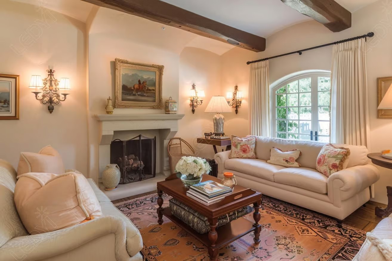 Cozy living room with fireplace and elegant decor.