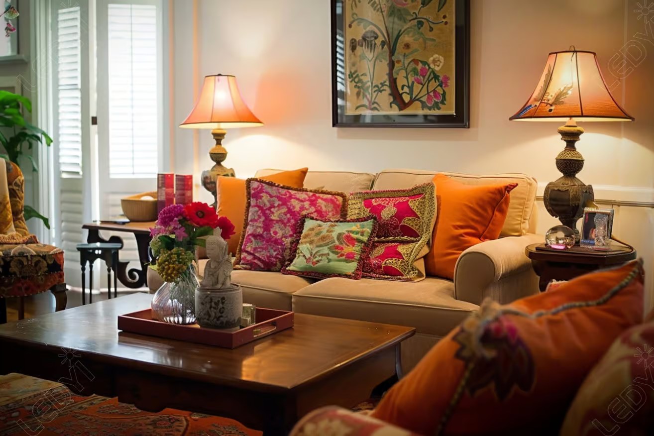 Cozy living room with colorful decorative pillows and lamps.
