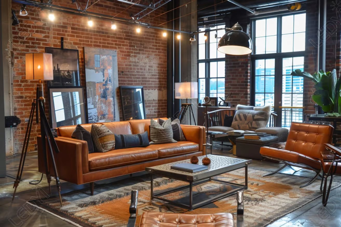 Modern industrial loft living room with leather furniture.
