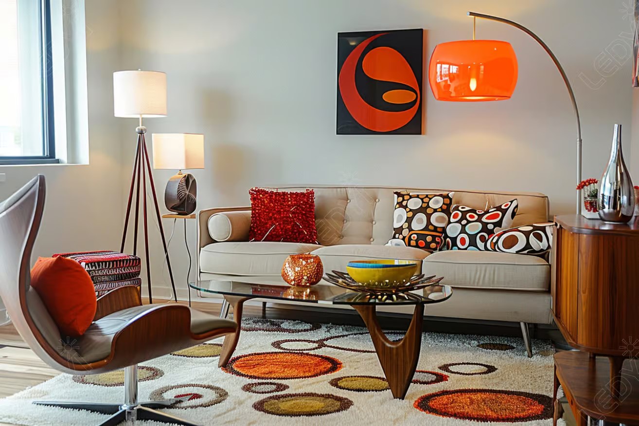 Modern living room with retro decor and vibrant colors.