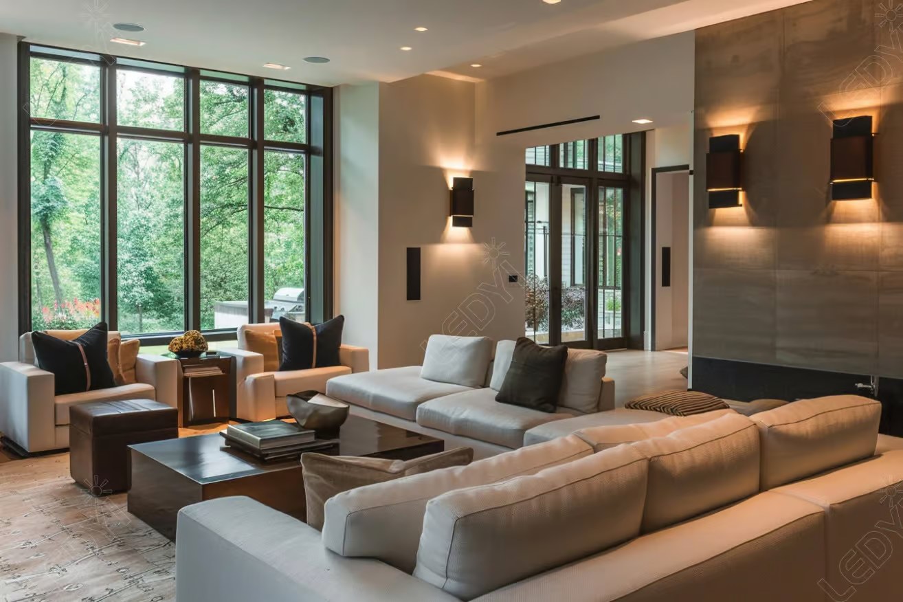 Elegant modern living room with large windows, cozy furniture.