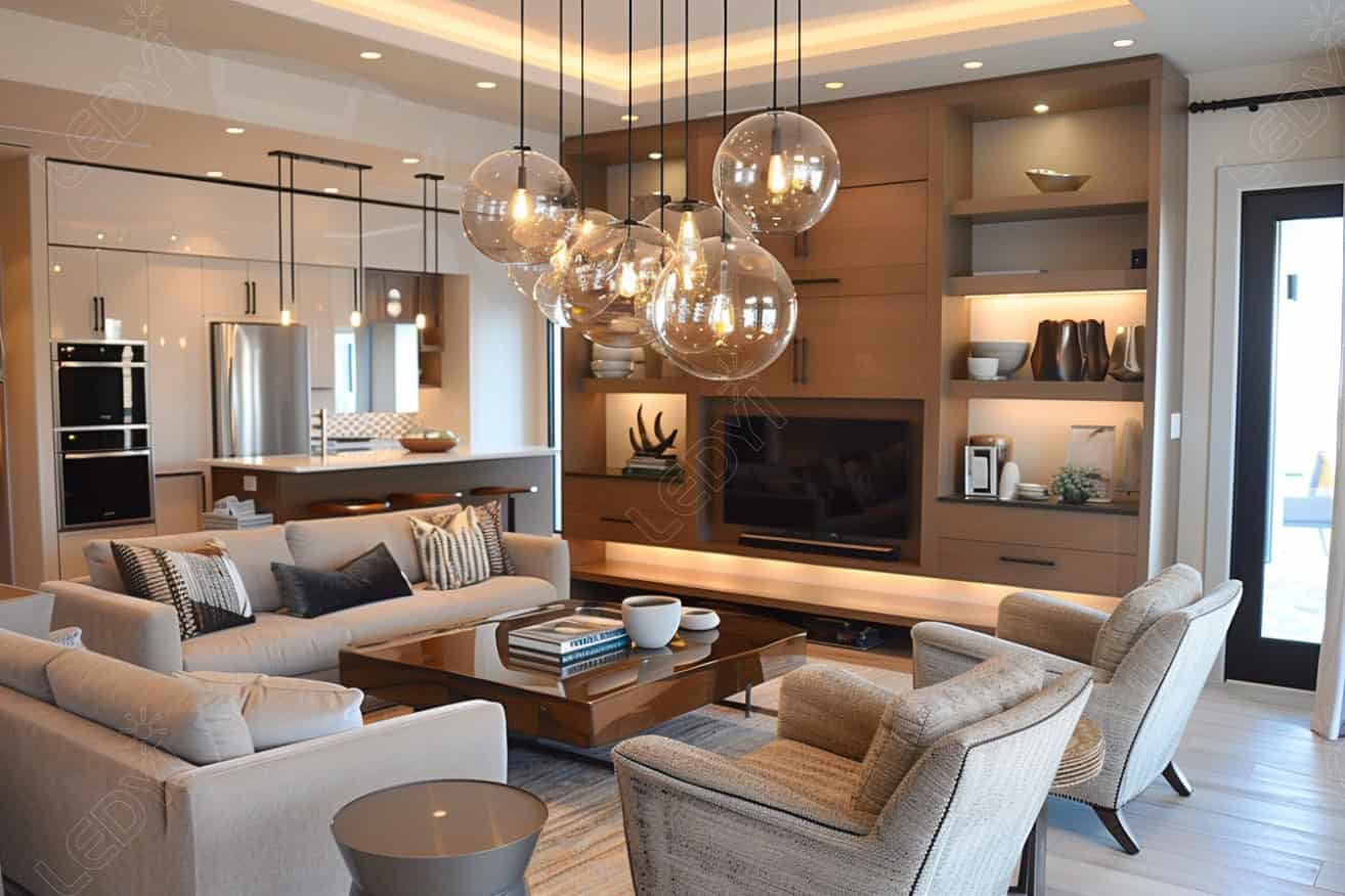 Modern open-concept living room and kitchen with contemporary lighting.
