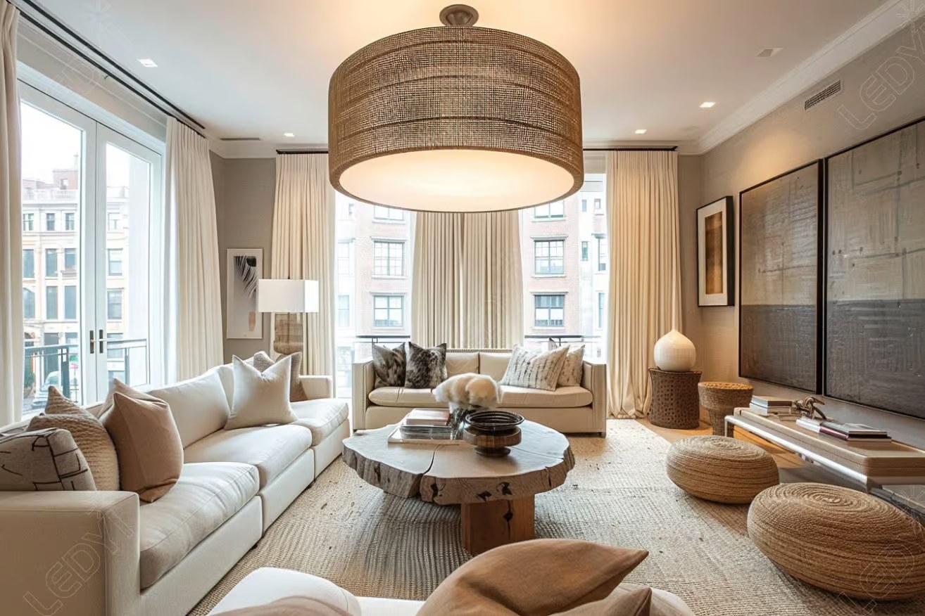 Modern living room with beige sofas and wooden coffee table.