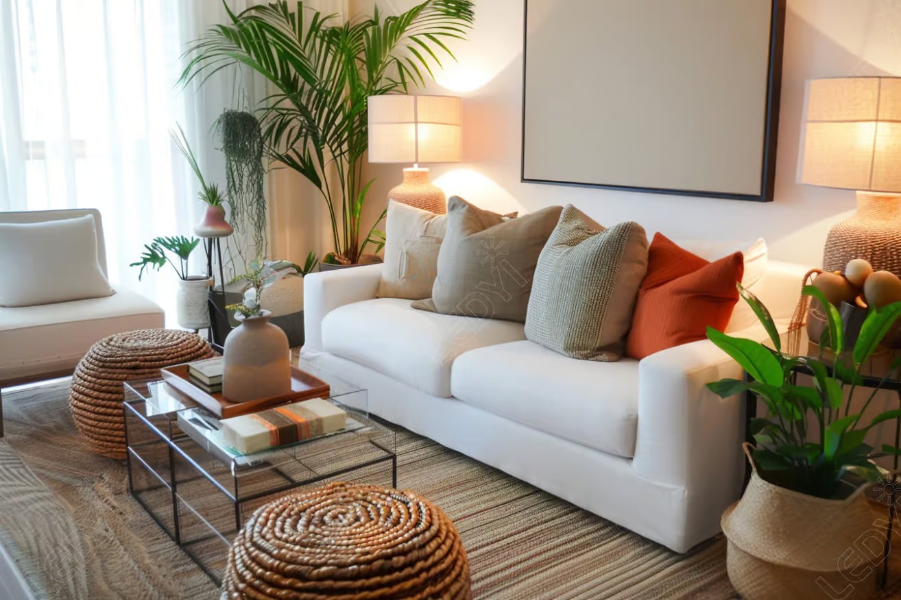Cozy living room with plants and modern decor.