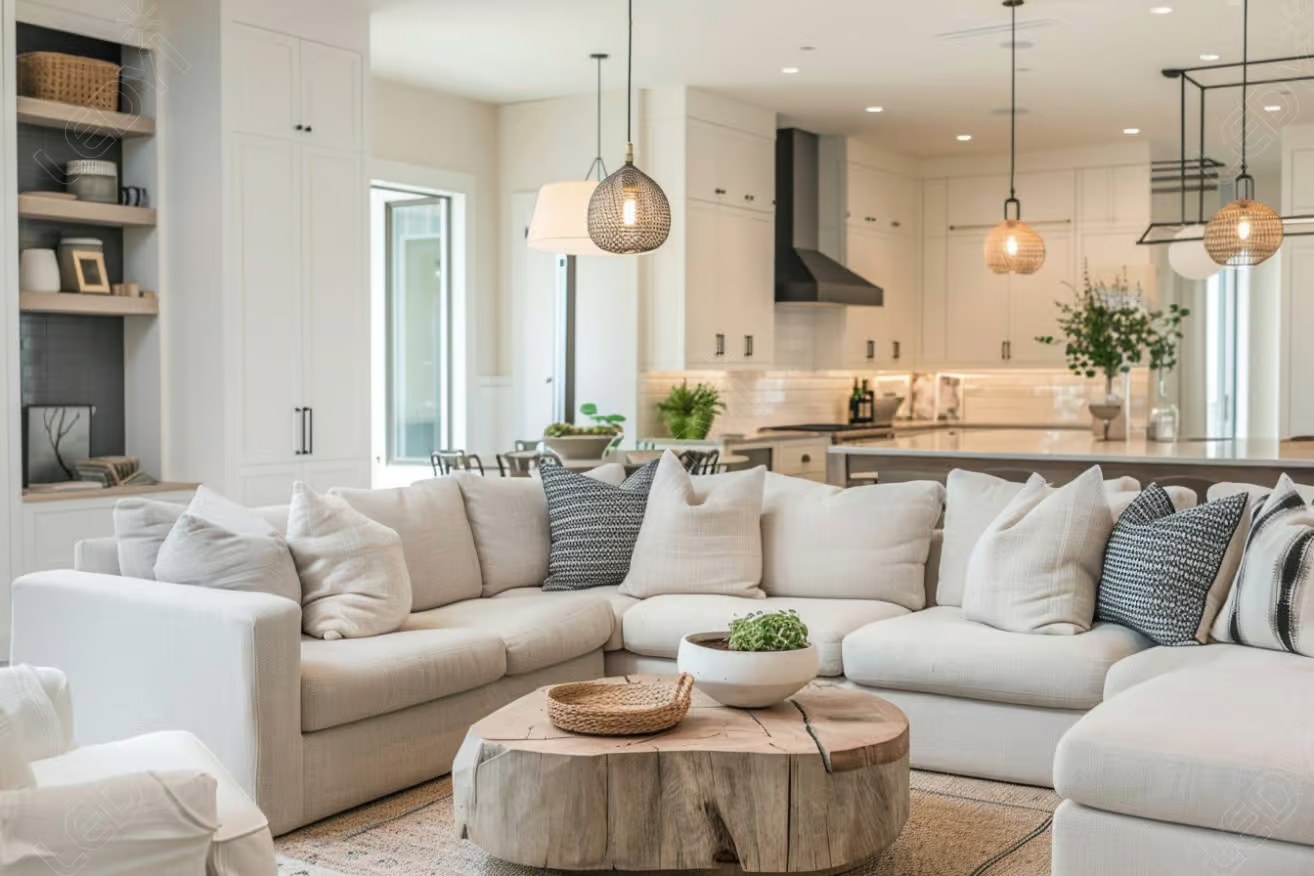 Modern living room with cozy sectional and kitchen view.