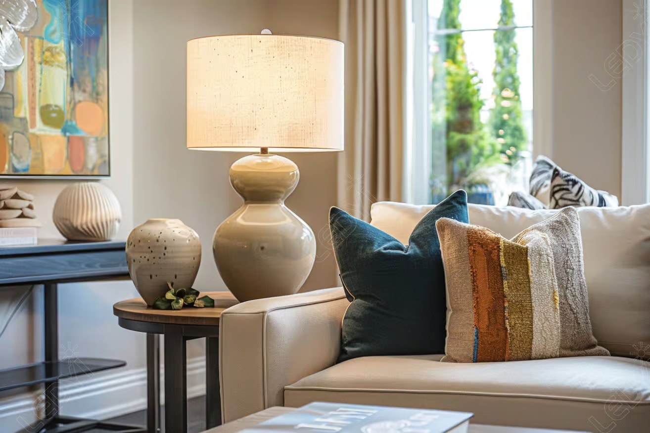 Cozy living room with modern decor and table lamp.