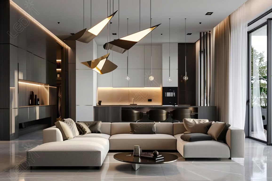 Modern living room with stylish lighting and cozy furniture.