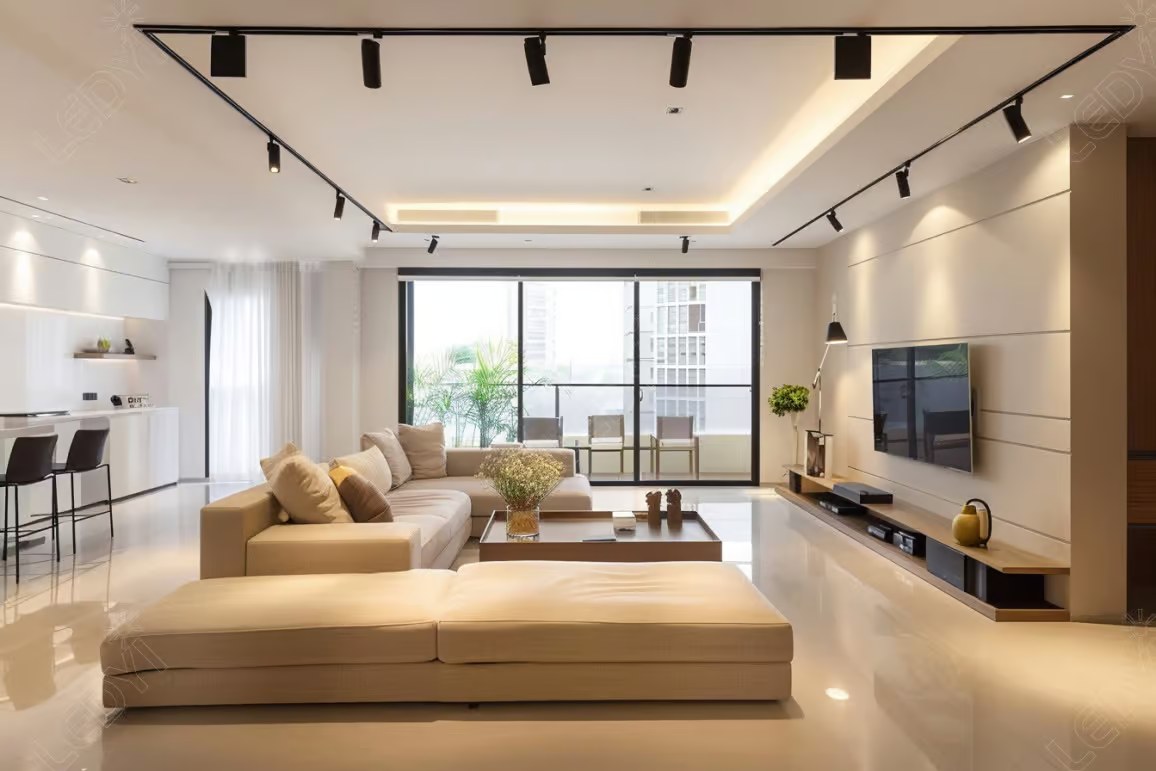 Modern living room with beige sectional sofa.