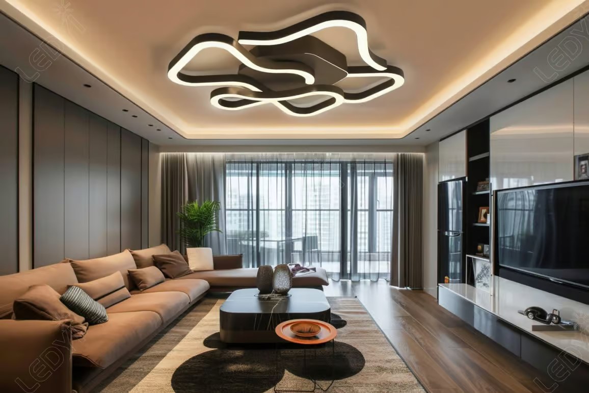 Modern living room with unique ceiling light.