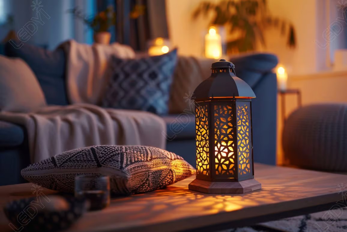 Cozy living room with decorative lantern and candles.