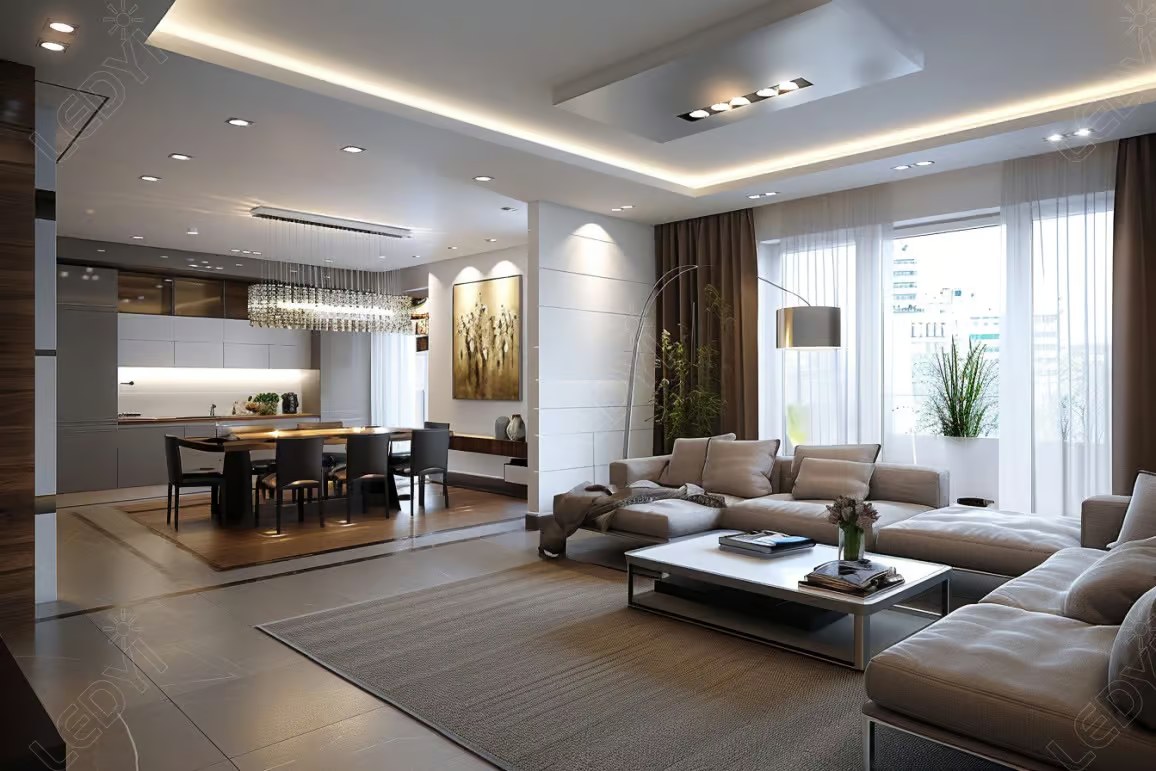 Modern open-plan living room and dining area.