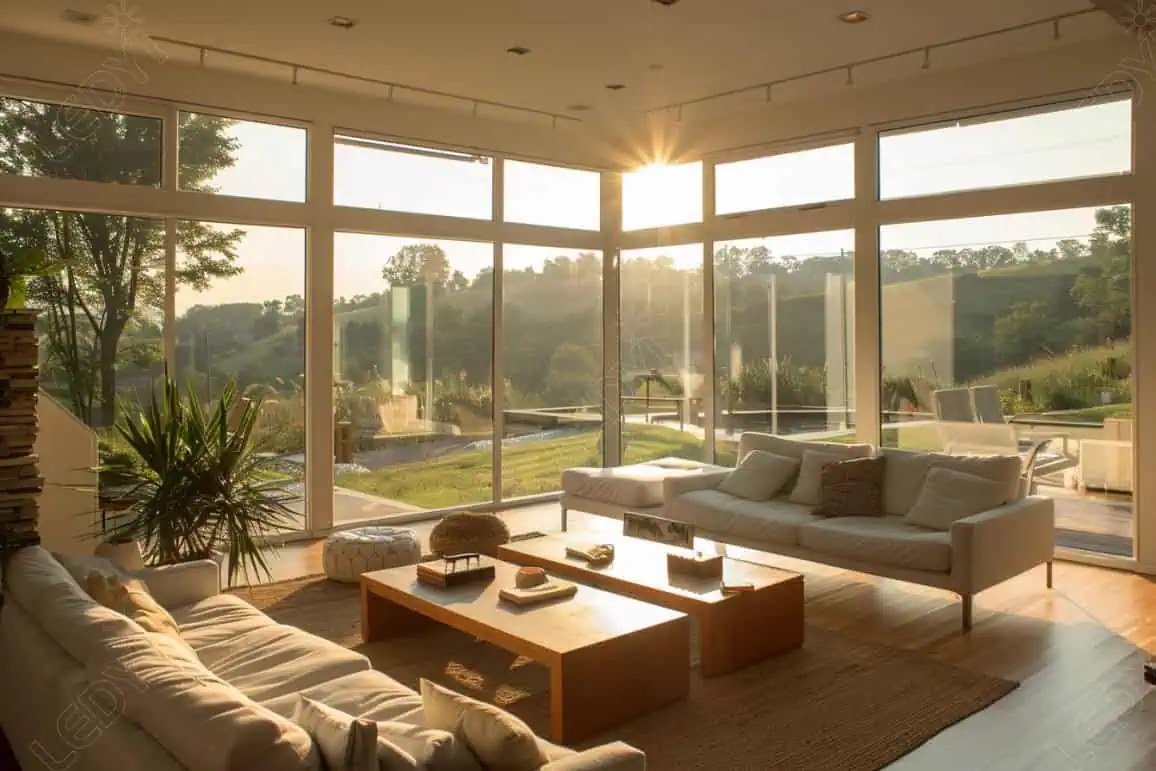 Sunlit modern living room with garden view.