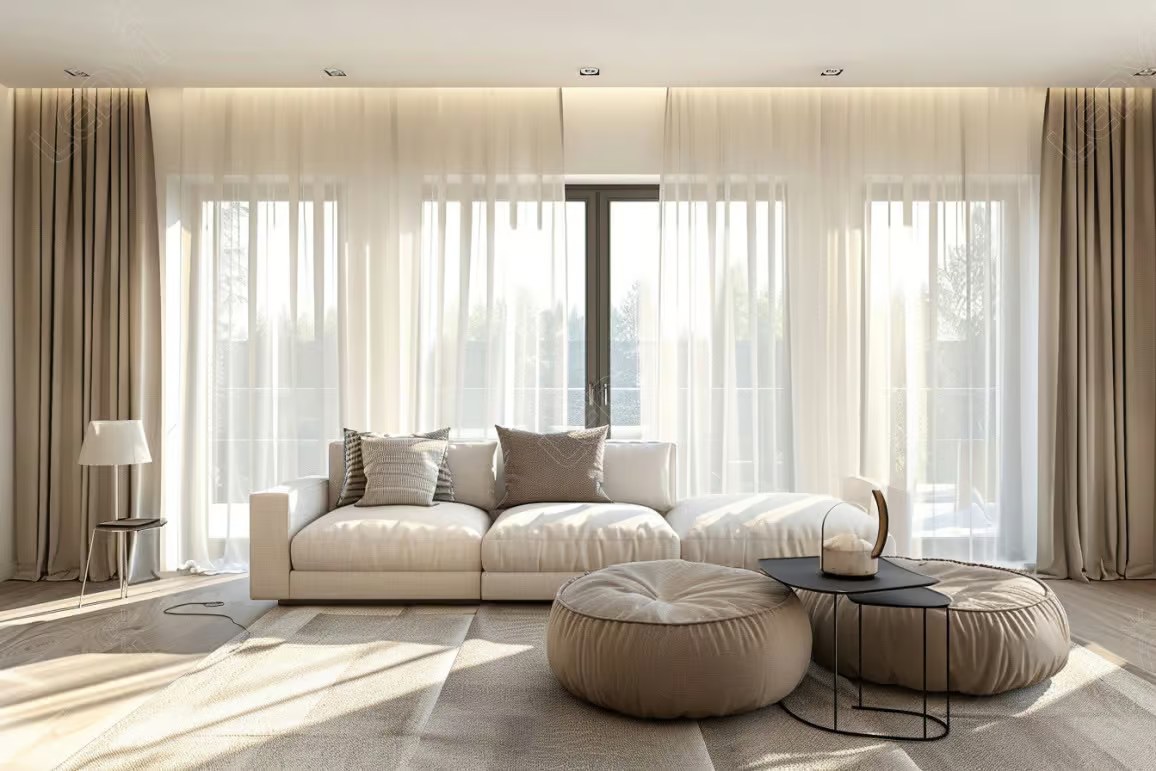 Minimalistic living room with large windows and white furniture.