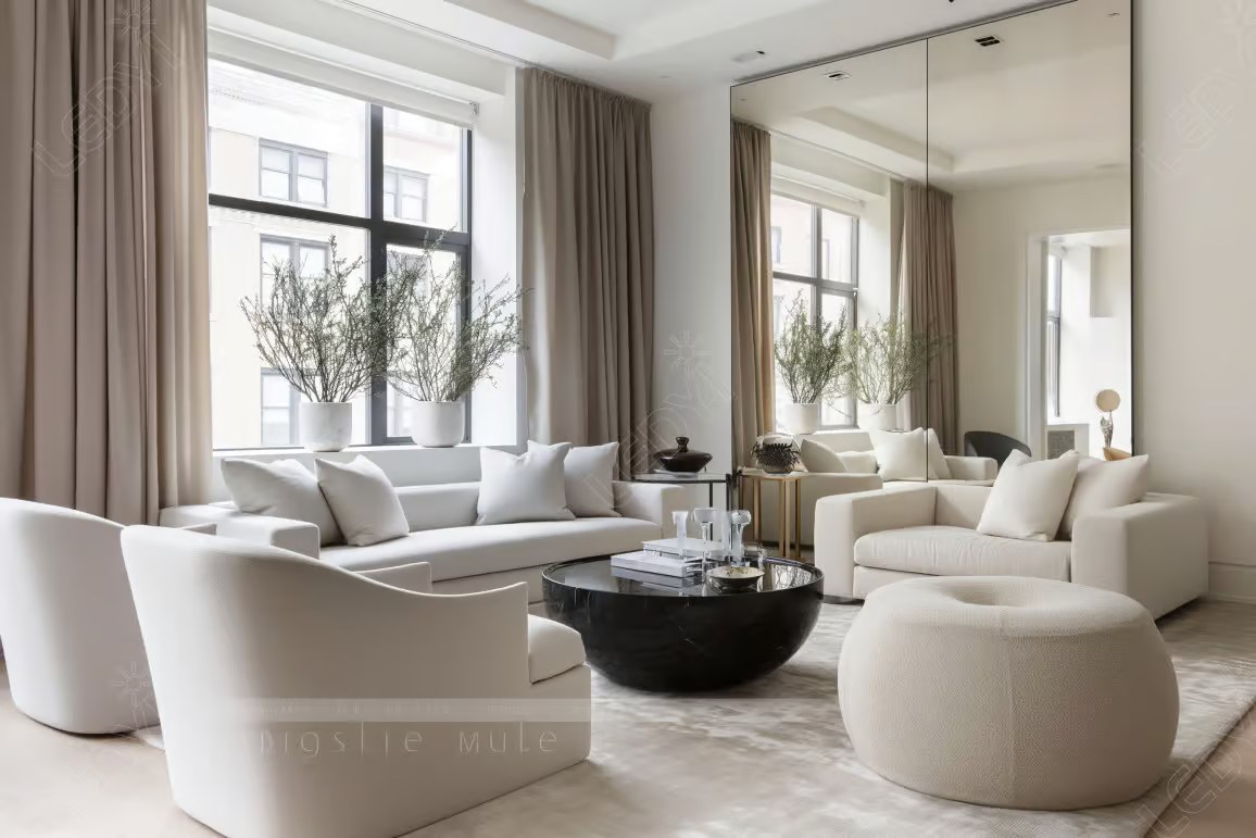 Modern living room with neutral colors and natural light.