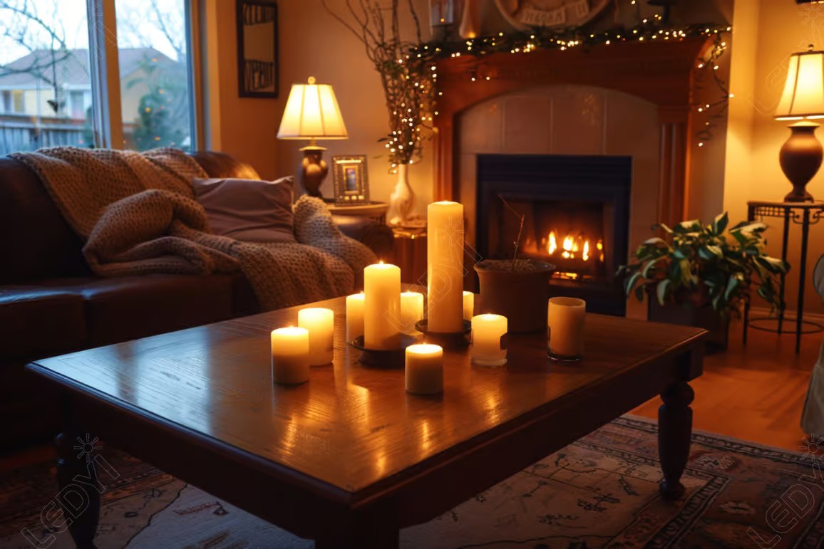 Cozy living room with candles and fireplace.