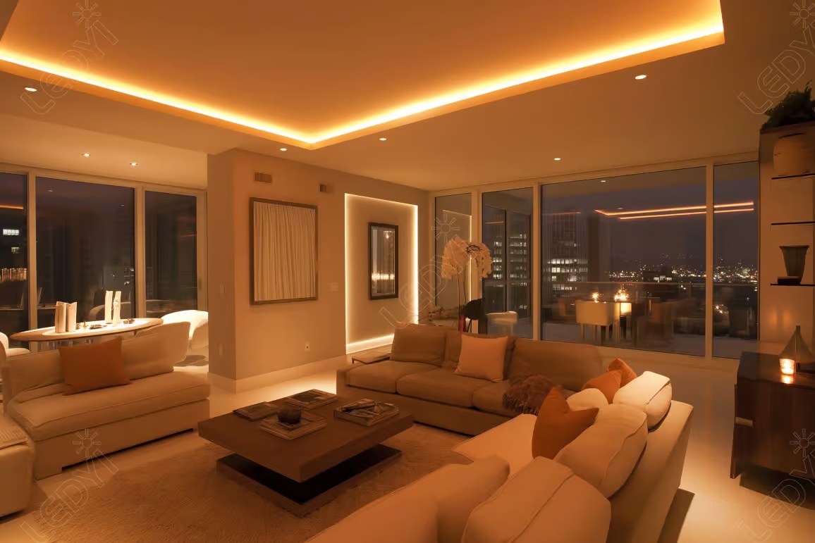 Modern living room with ambient lighting and city view.