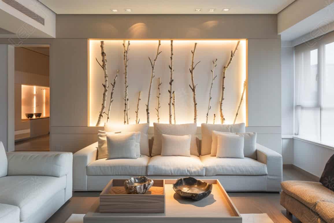 Modern living room with tree branch wall art.