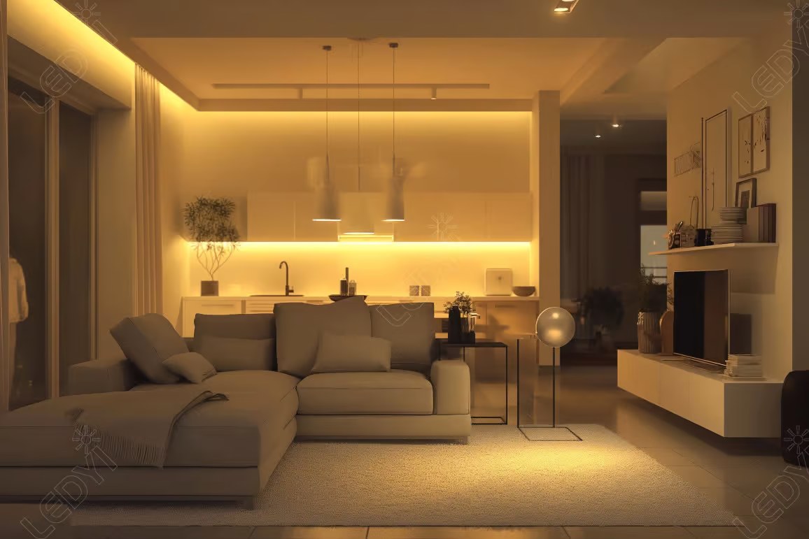 Modern living room with LED ambient lighting.