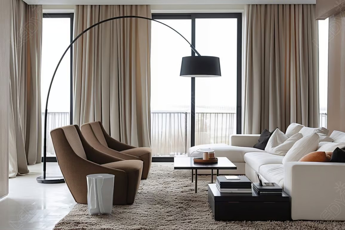 Modern living room with beige furniture and large windows.