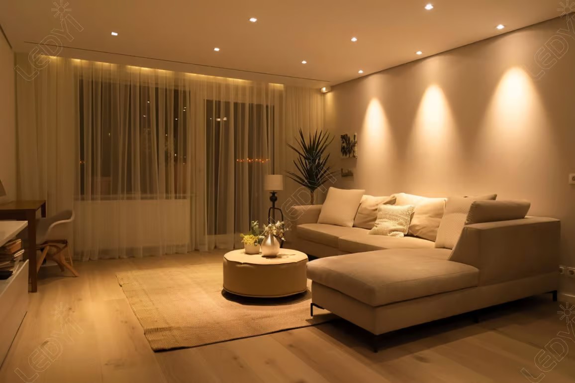 Cozy living room with modern lighting and beige sofa.