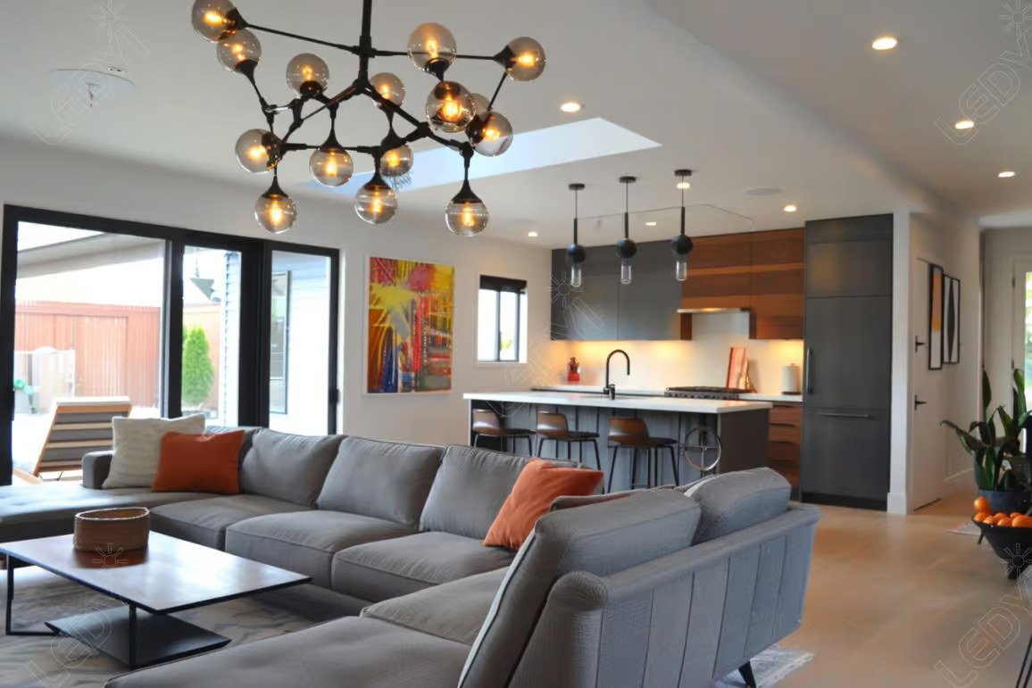 Modern open-concept living room and kitchen.