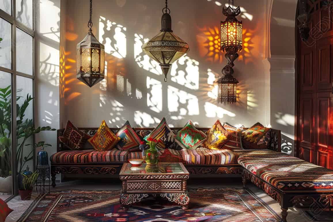 Cozy Moroccan-themed living room with colorful decor and lanterns.