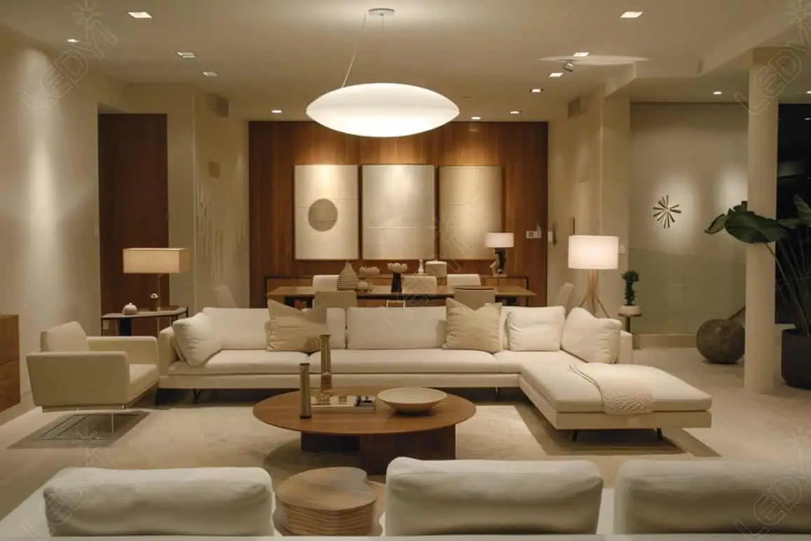 Modern living room with soft lighting and contemporary decor.