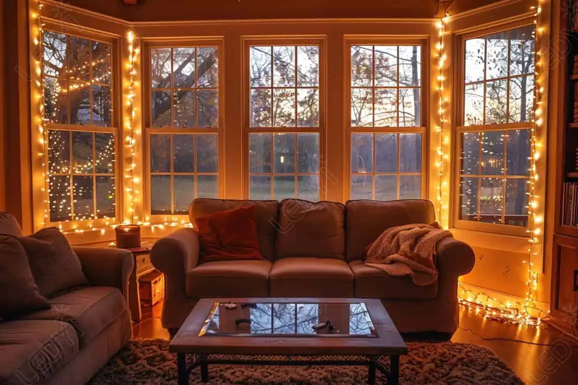Cozy living room with string lights at sunset.