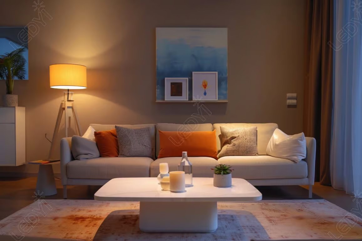 Cozy living room with modern furniture and decor.
