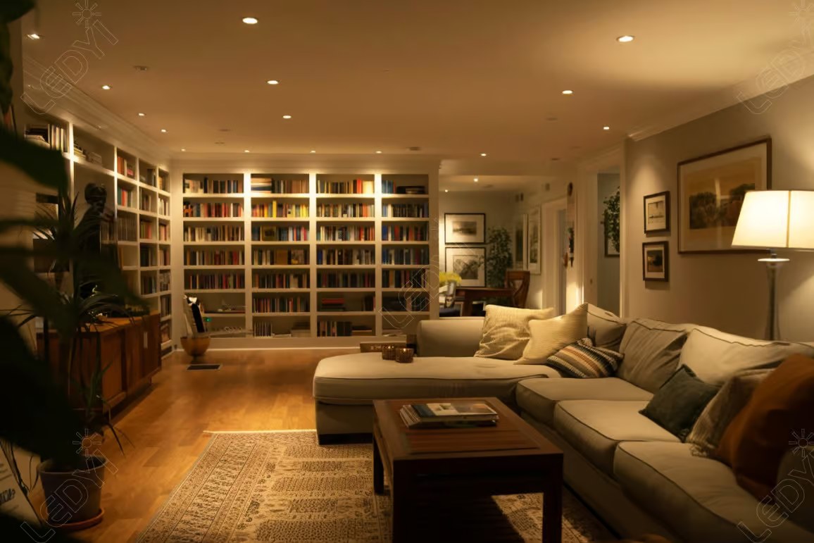 Cozy living room with bookshelves and sectional sofa.