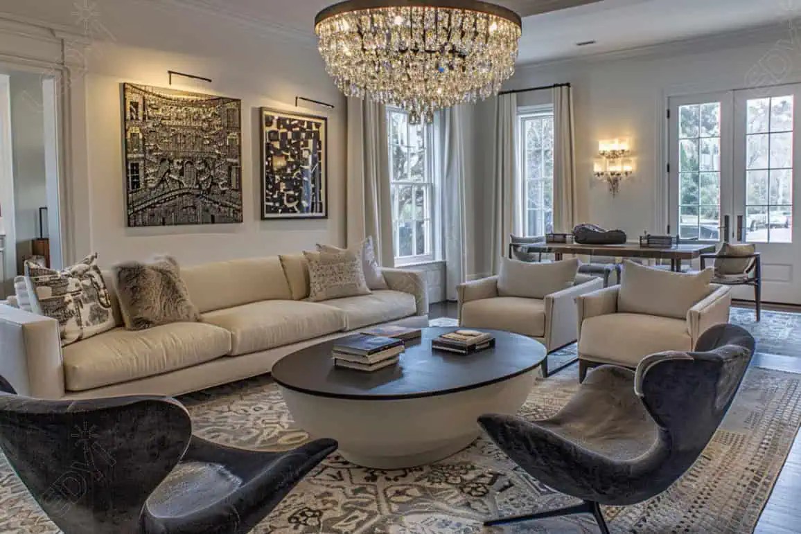 Elegant living room with chandelier and modern decor.