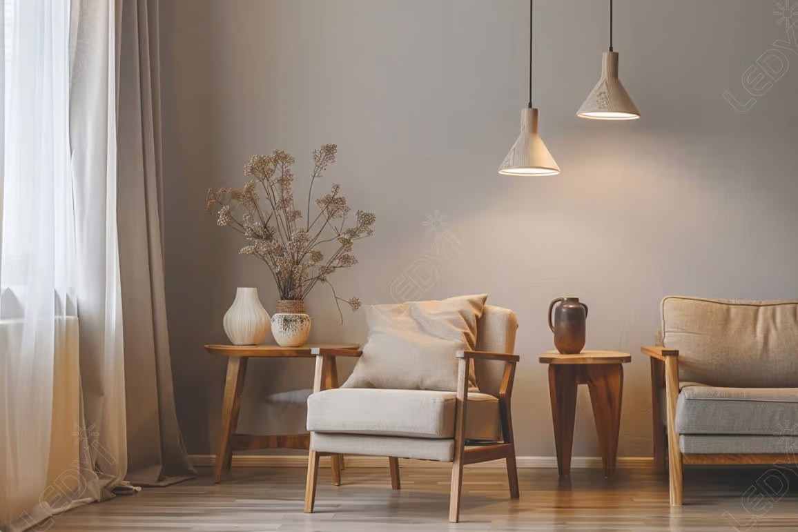 Cozy living room with wooden furniture and warm lighting.