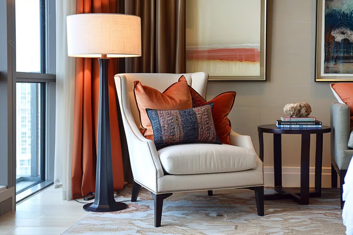 Cozy reading nook with armchair and lamp.