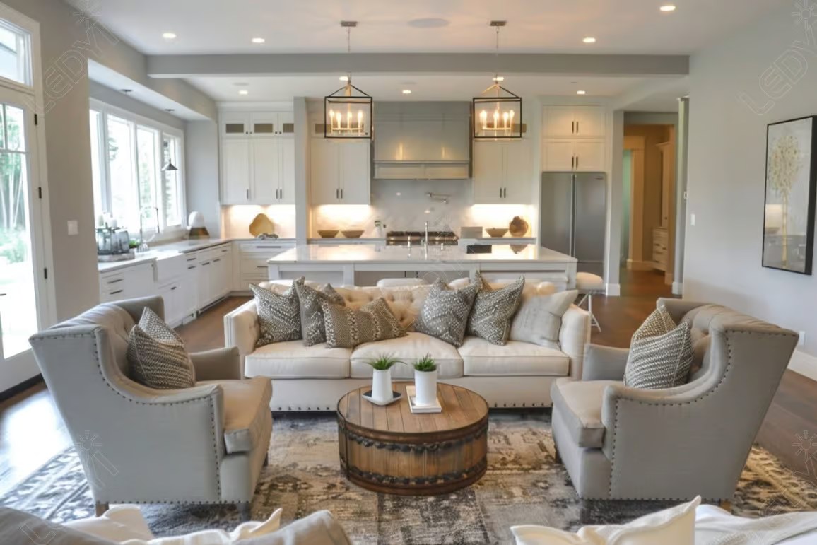 Modern open-concept living room and kitchen with neutral decor.