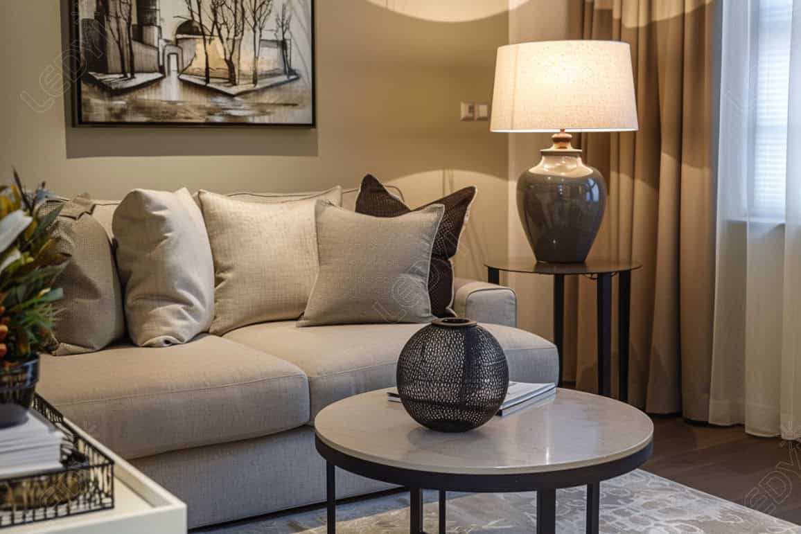 Modern living room with beige sofa and abstract painting.
