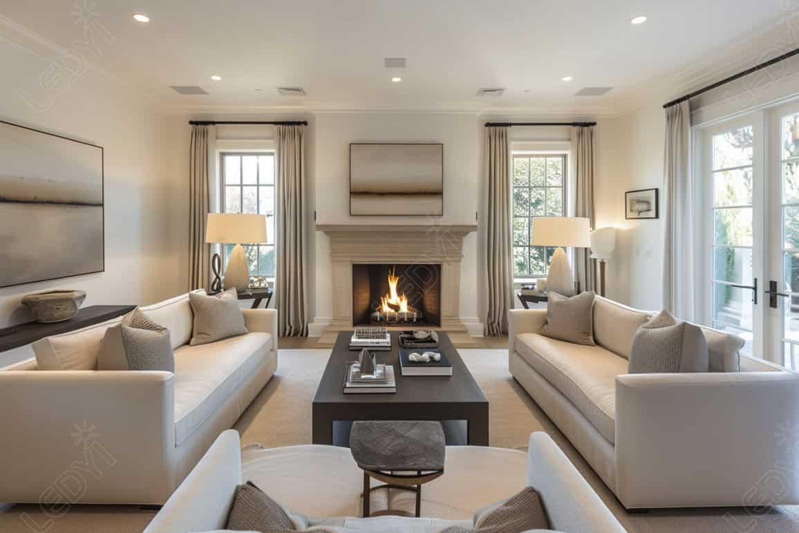 Elegant living room with fireplace and modern decor.