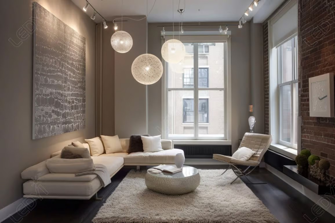 Modern cozy living room with large windows and artwork.