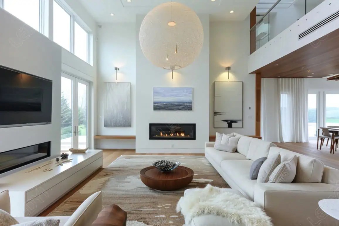 Modern living room with high ceiling and large windows.