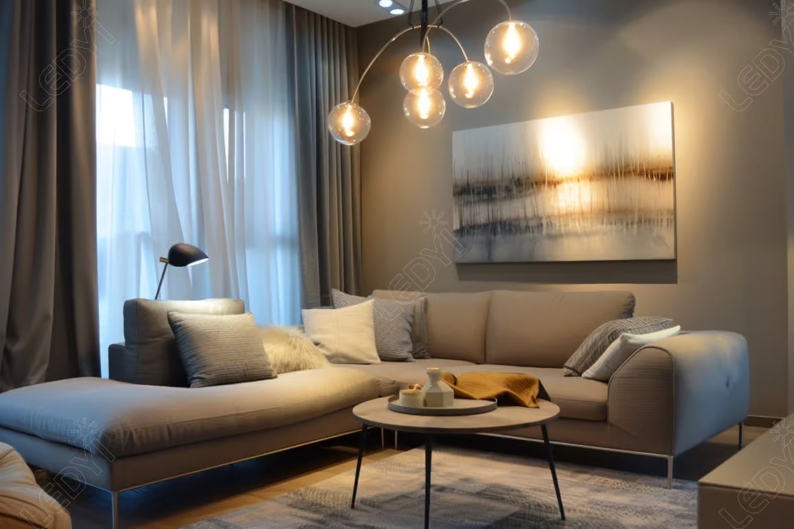 Modern living room with gray sectional and elegant lighting.