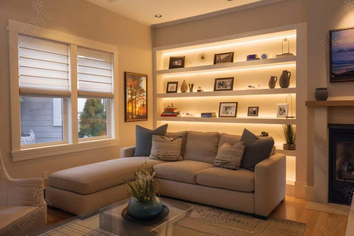 Cozy living room with illuminated shelves and beige furniture.