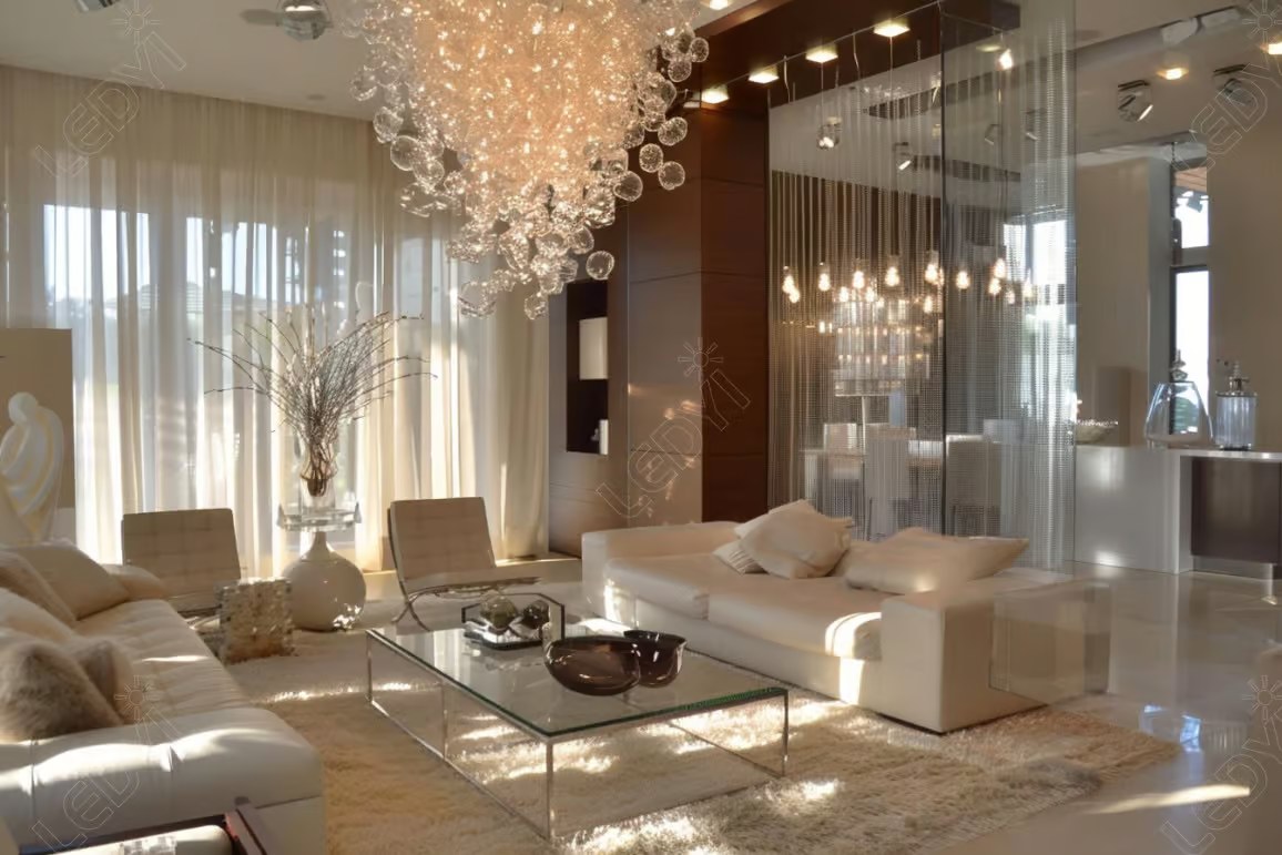 Modern living room with luxurious chandelier and white decor.
