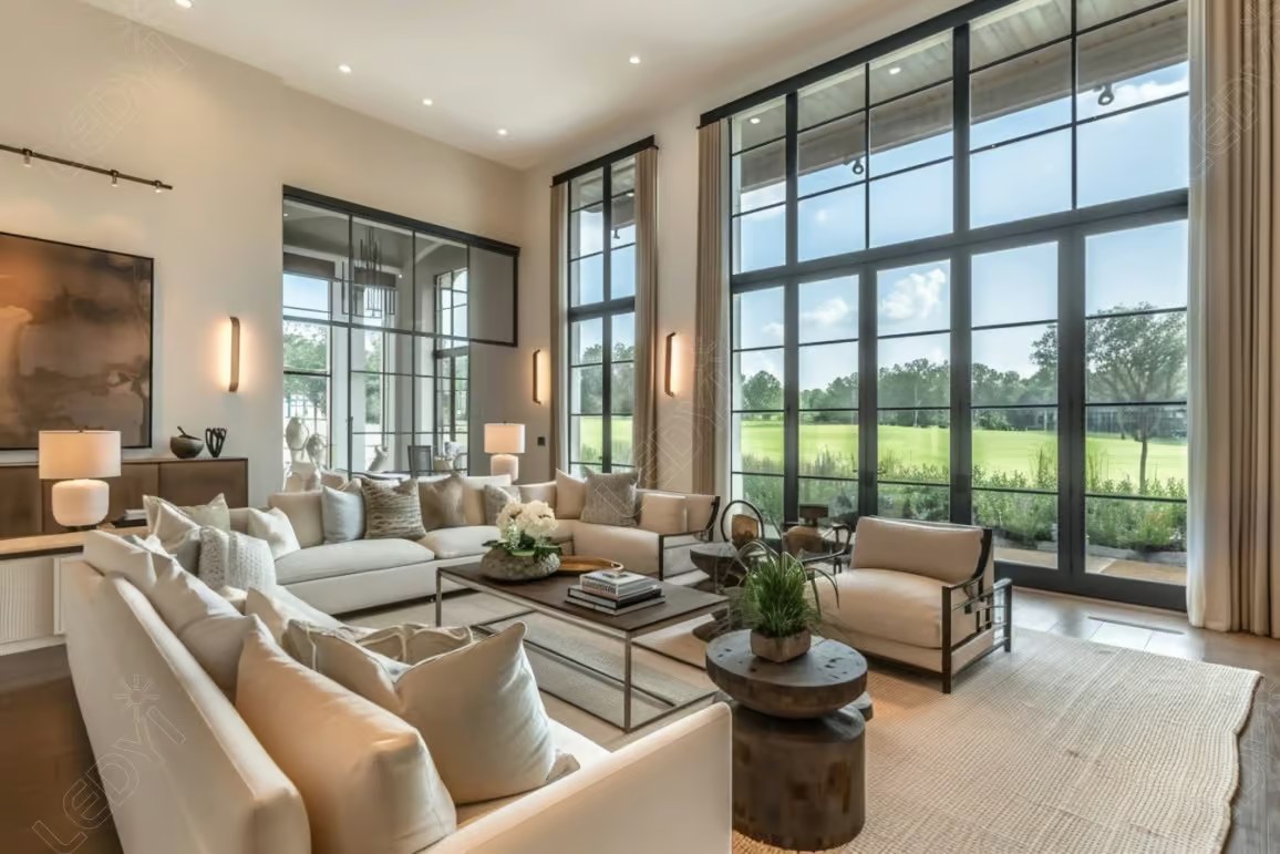 Spacious living room with large windows and beige sofas.