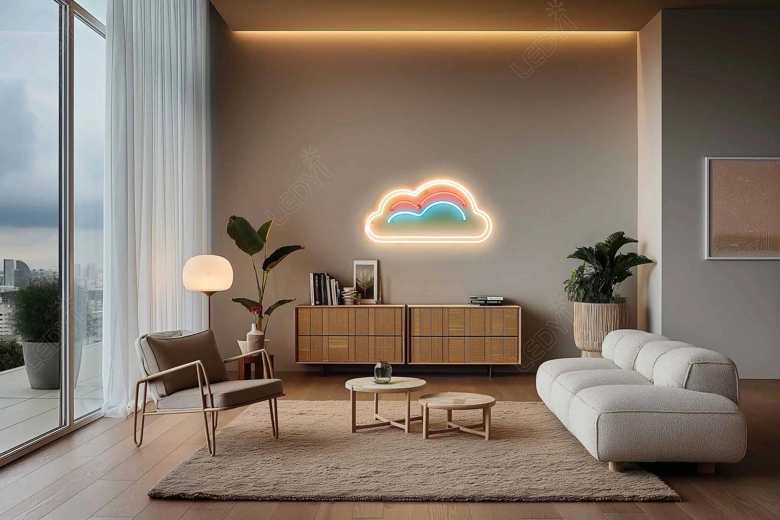 Modern living room with neon cloud light decor.