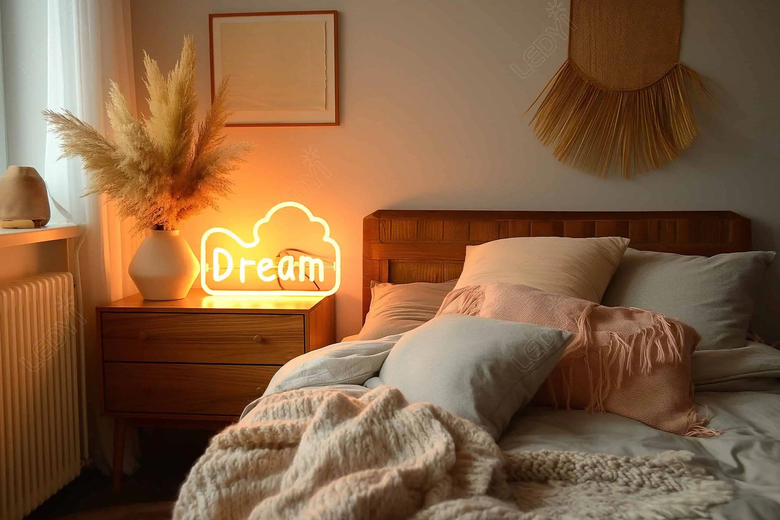 Cozy bedroom with "Dream" neon sign and soft pillows.