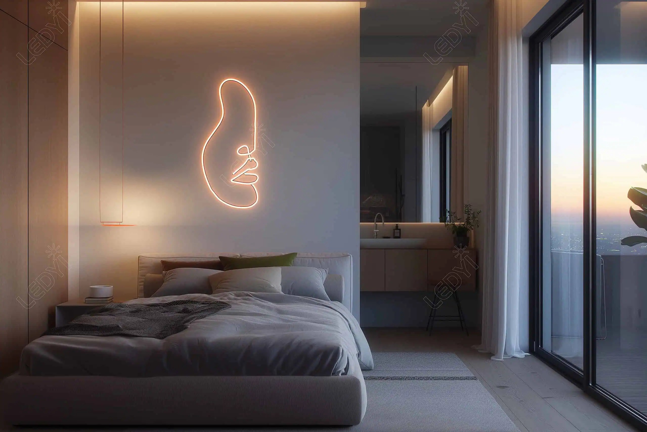Modern bedroom with neon face art and city view.