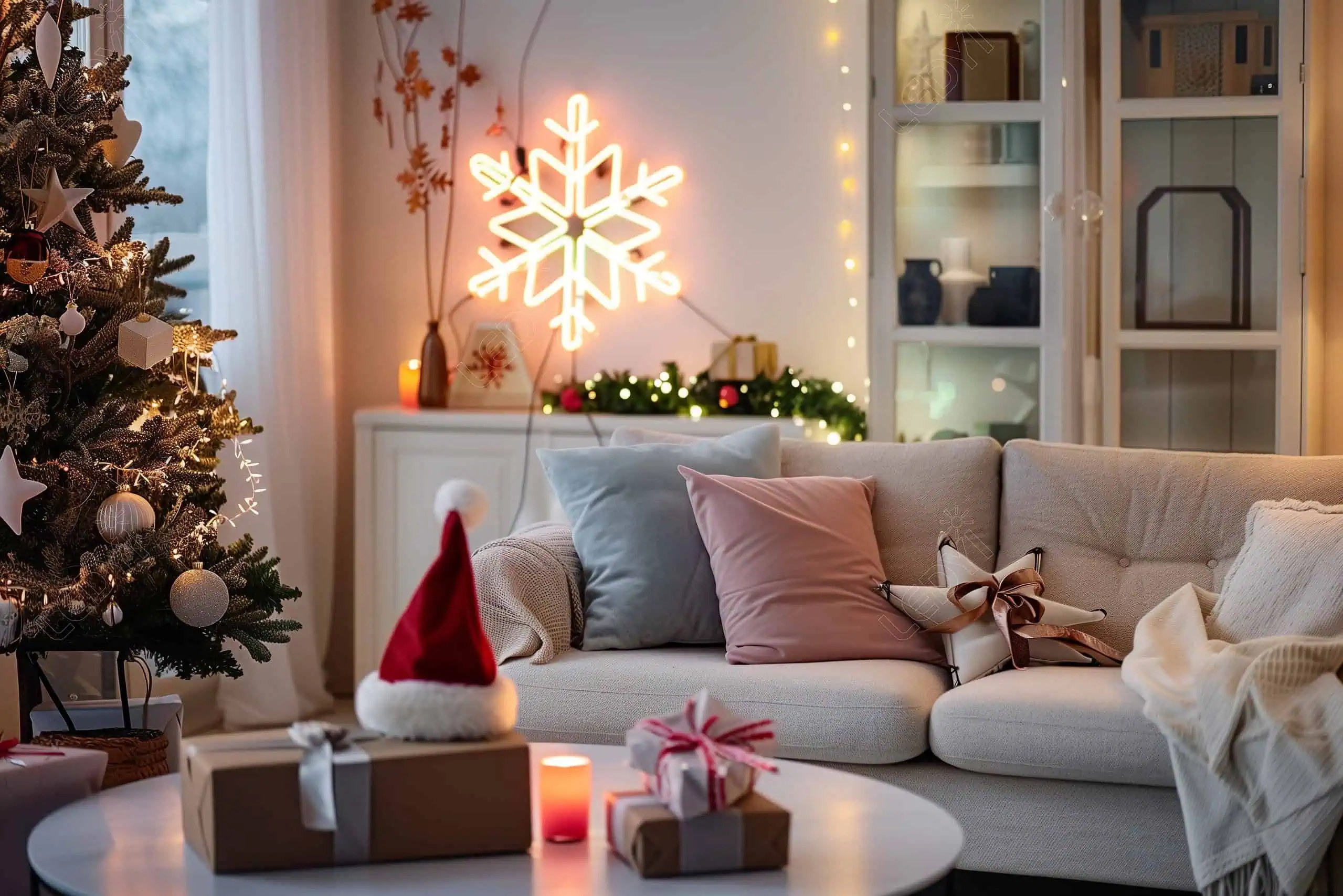 Cozy Christmas living room with tree and presents.