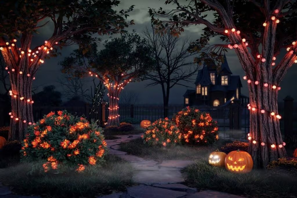 wrap trees and bushes with lights